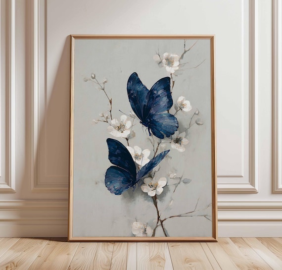 Blue Butterfly Art Print, Modern Botanical Decor