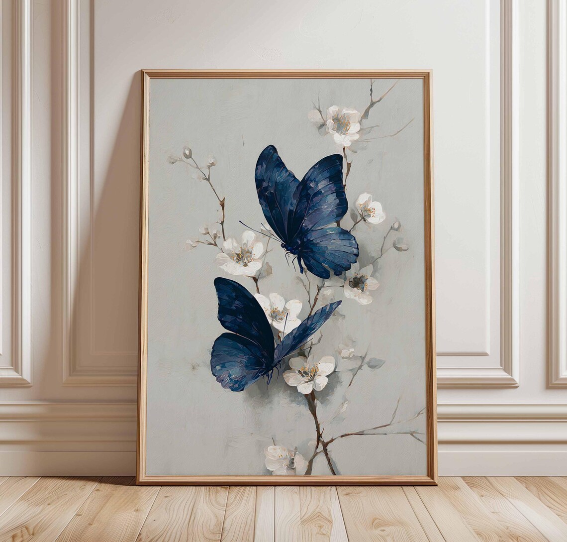 Blue Butterfly Art Print, Modern Botanical Decor