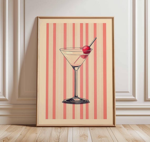 Retro Martini Cocktail Cherry Pink Striped Background Bar Poster