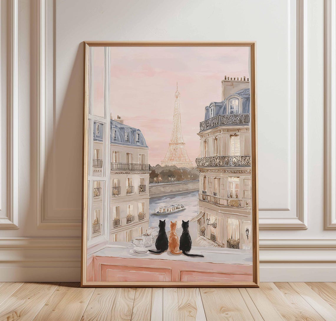 Three Cats on Paris Window Sill Eiffel Tower Coffee View Poster