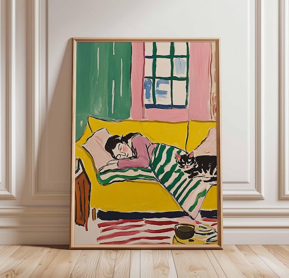 Woman Napping On Yellow Couch With Cat Colorful Modern Art Poster