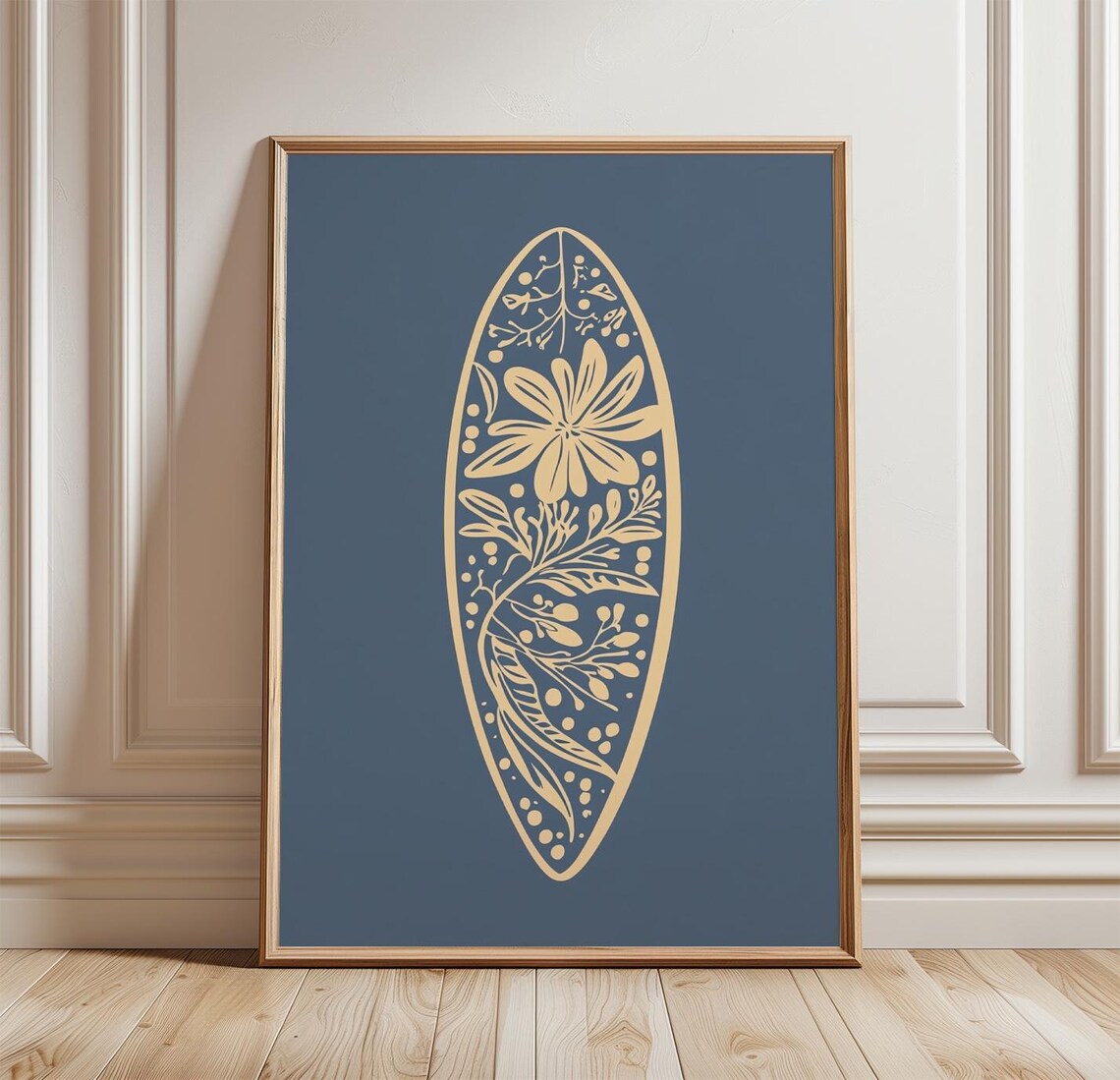 Surfboard Silhouette Coastal Botanical Art Print