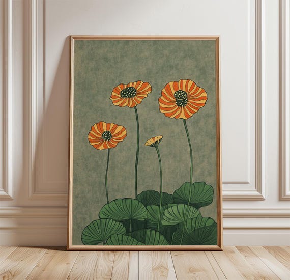 Orange Poppy Flower Poster Print Botanical Garden Wall Art Vintage Style Floral Decor