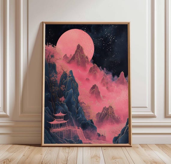Pink Moon Landscape Art Print Chinese Inspired Mountain And Pagoda Scene Dreamy Abstract Sky Poster Eastern Wall