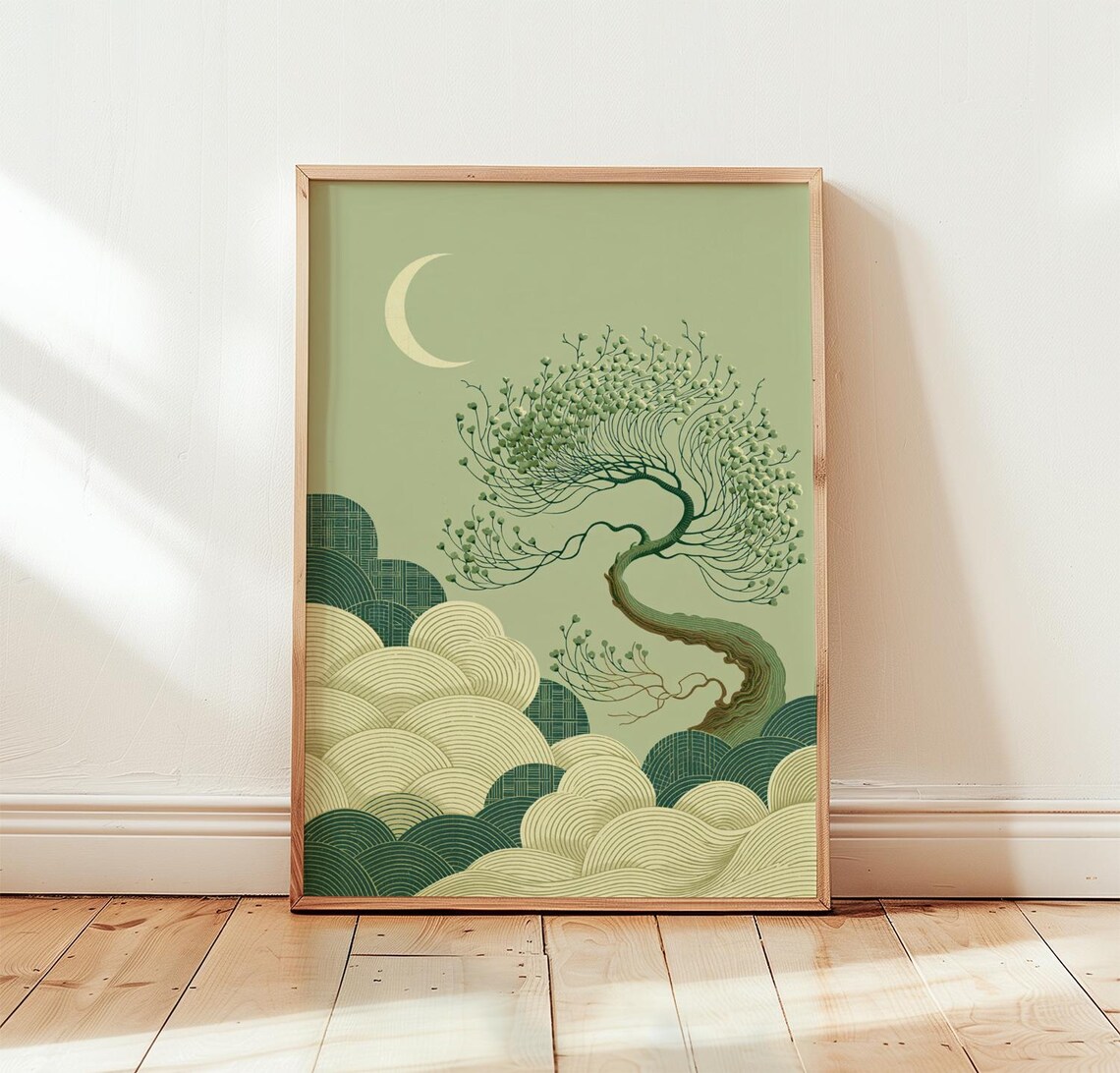 Green Bonsai Print, Celestial Wall Art Poster