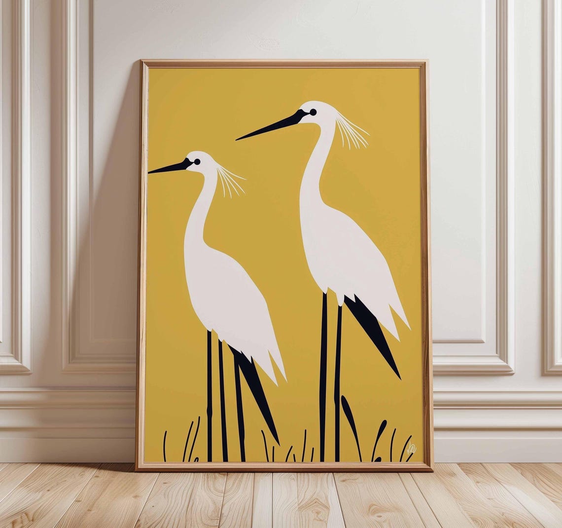 Mustard Yellow White Heron Duo Side by Side Minimalist Poster