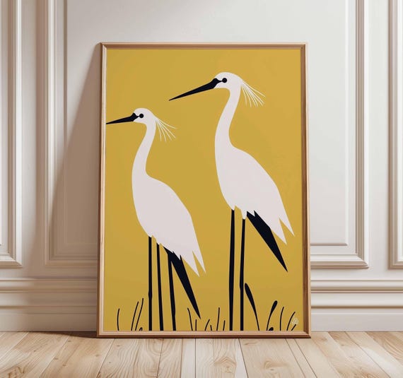 Minimalist Crane Art Print Modern Bird Wall Decor Yellow Heron Couple Poster Japanese Style Wildlife Illustration Elegant Nature