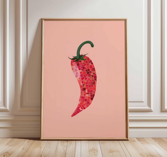 Red Chili Pepper Poster Modern Kitchen Wall Art Spicy Food Print Minimalist Mosaic Artwork Bold Culinary Decor For Home And Dining