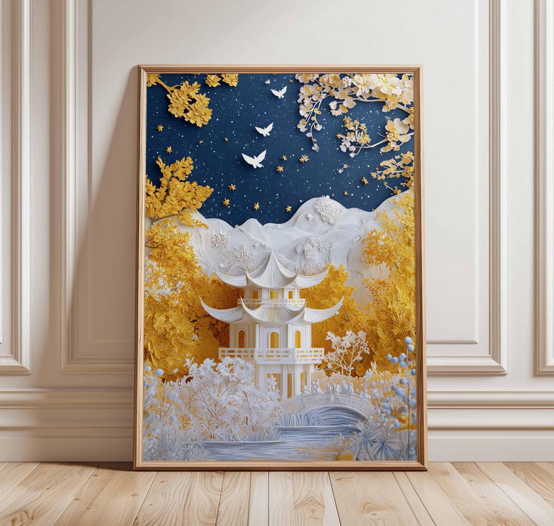 Golden Asian Pagoda Papercut Starry Night Landscape Wall Art
