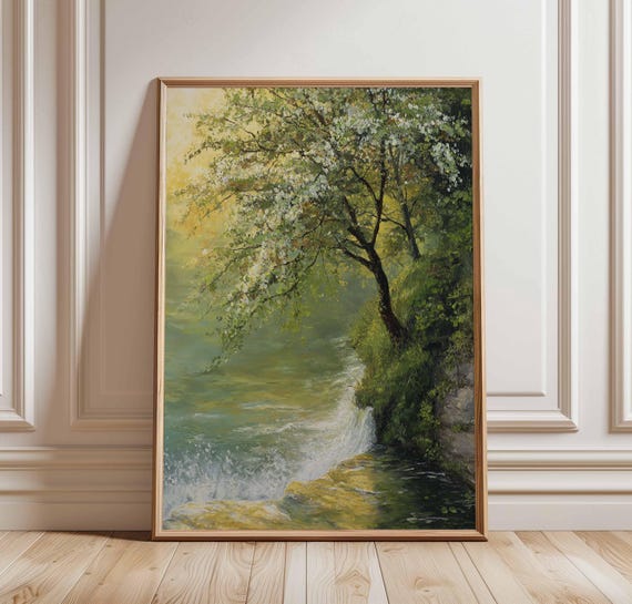 Waterfall Tree Landscape Print Nature Oil Painting Poster Serene River Wall Art Peaceful Forest Scene Decor