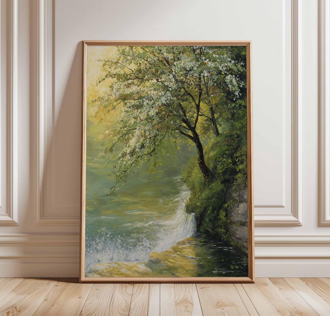 Waterfall Stream Blossoming Tree Serene Nature Painting Poster