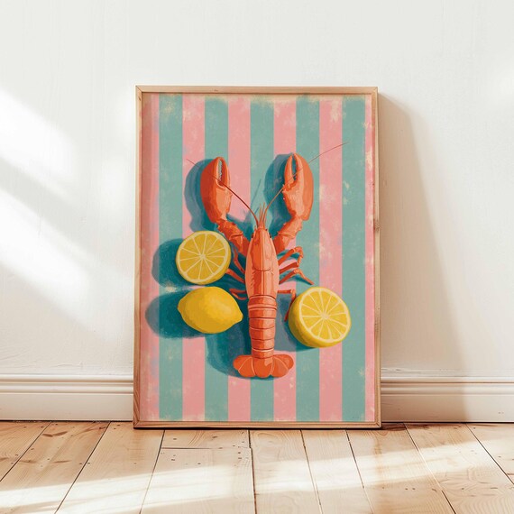 Lobster And Lemon Kitchen Print Retro Coastal Wall Art Pink Blue Striped Seafood Poster Nautical Summer Decor Unframed Dining