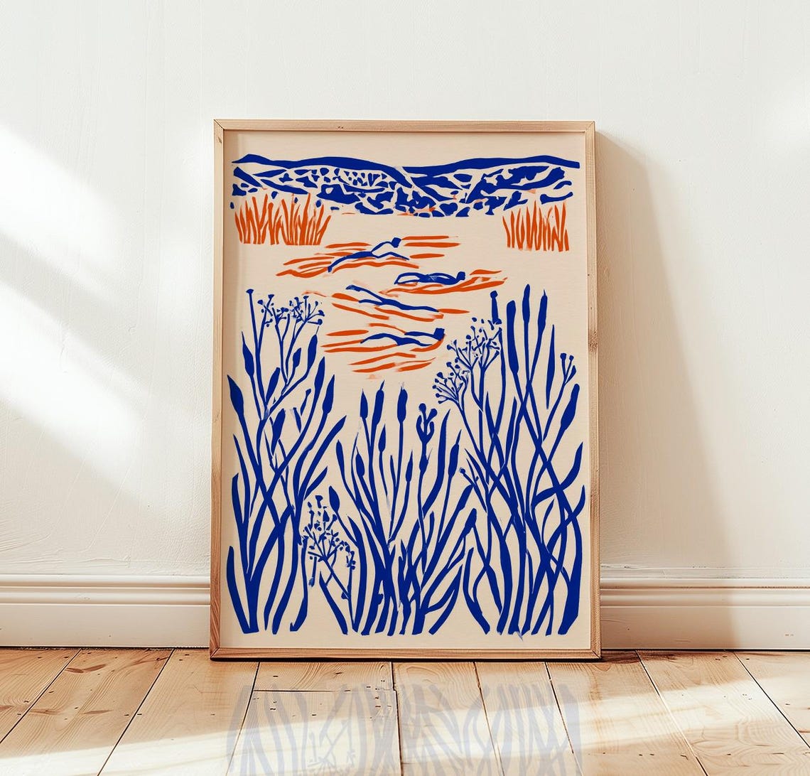 Wild Swimming Open Water Swimmers Blue Orange Nature Art Poster