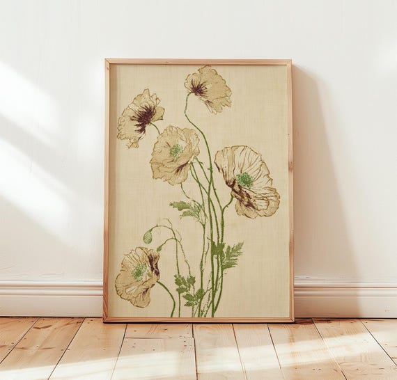 Neutral Poppy Print Vintage Botanical Wall Art Risograph Poster