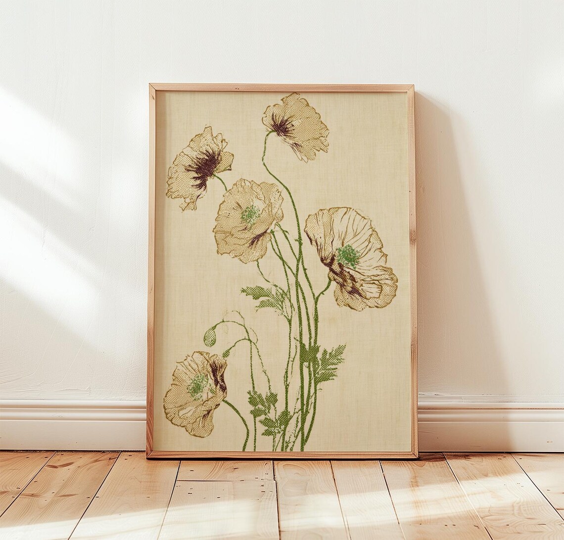 Neutral Poppy Flowers Poster Vintage Botanical Cream Floral Room Art