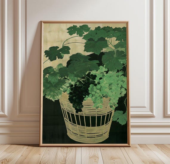 Vintage Grape Basket Poster, Botanical Kitchen Art