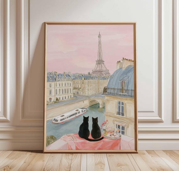 Paris Cat Poster Print Eiffel Tower Wall Art Romantic French Balcony View Seine River And Cats Illustration Parisian Decor France Gift