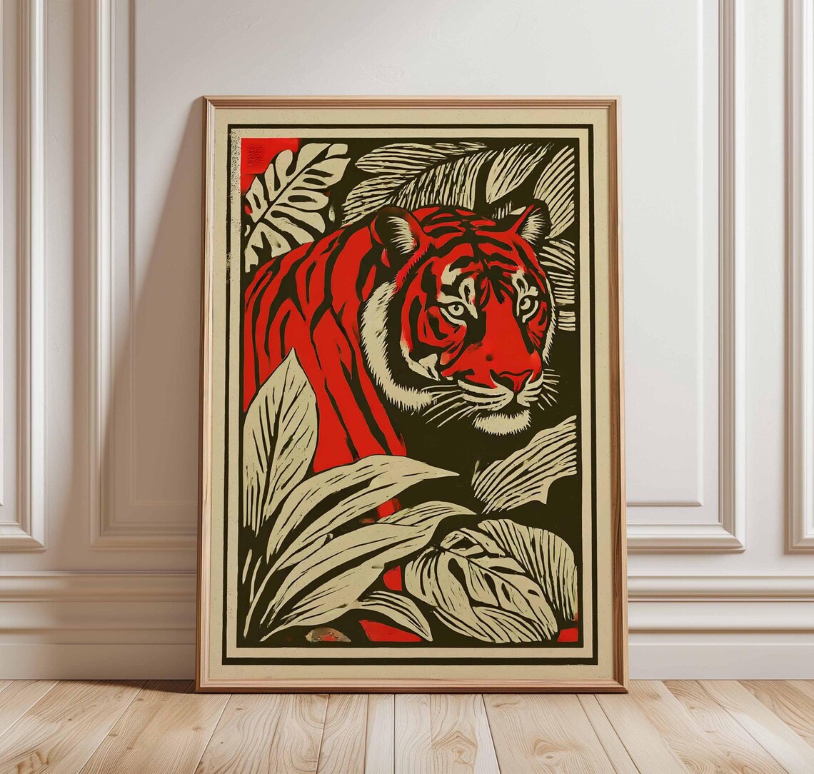 Red Tiger Jungle Linocut Bold Vintage Safari Wildlife Wall Poster