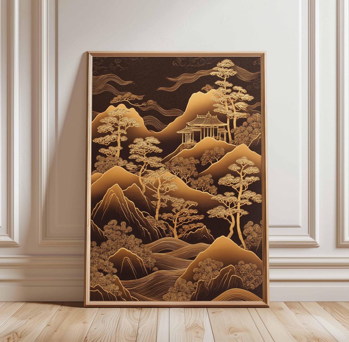 Golden Pavilion Mountain Landscape Black Gold Asian Art Poster