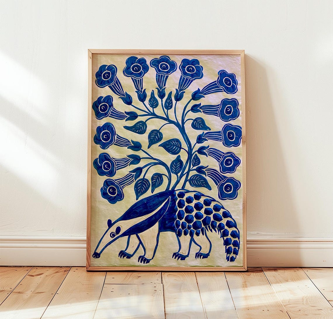 Blue Anteater with Blooming Flowers Folk Woodblock Style Poster