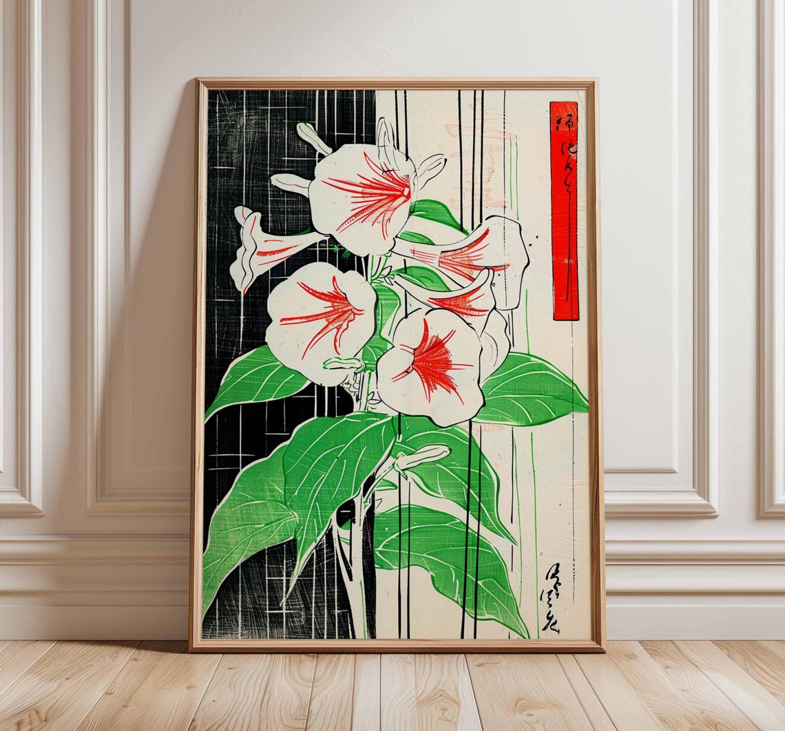White Morning Glory Red Streaks Japanese Ukiyoe Floral Poster
