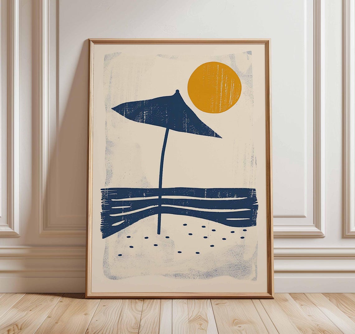 Minimalist Beach Umbrella Poster Print Modern Coastal Wall Art Abstract Summer Sun Illustration Relaxing Ocean Home Decor