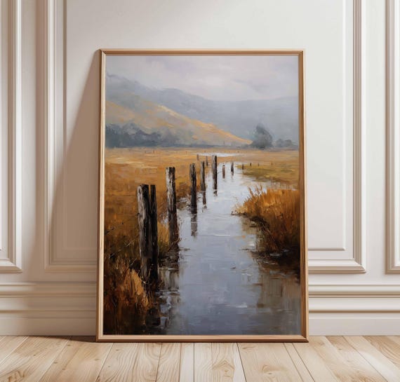 Countryside Landscape Wall Art Rustic Field Poster Autumn Fence Painting Farm Nature Print Moody Rural Scene Artwork Unframed