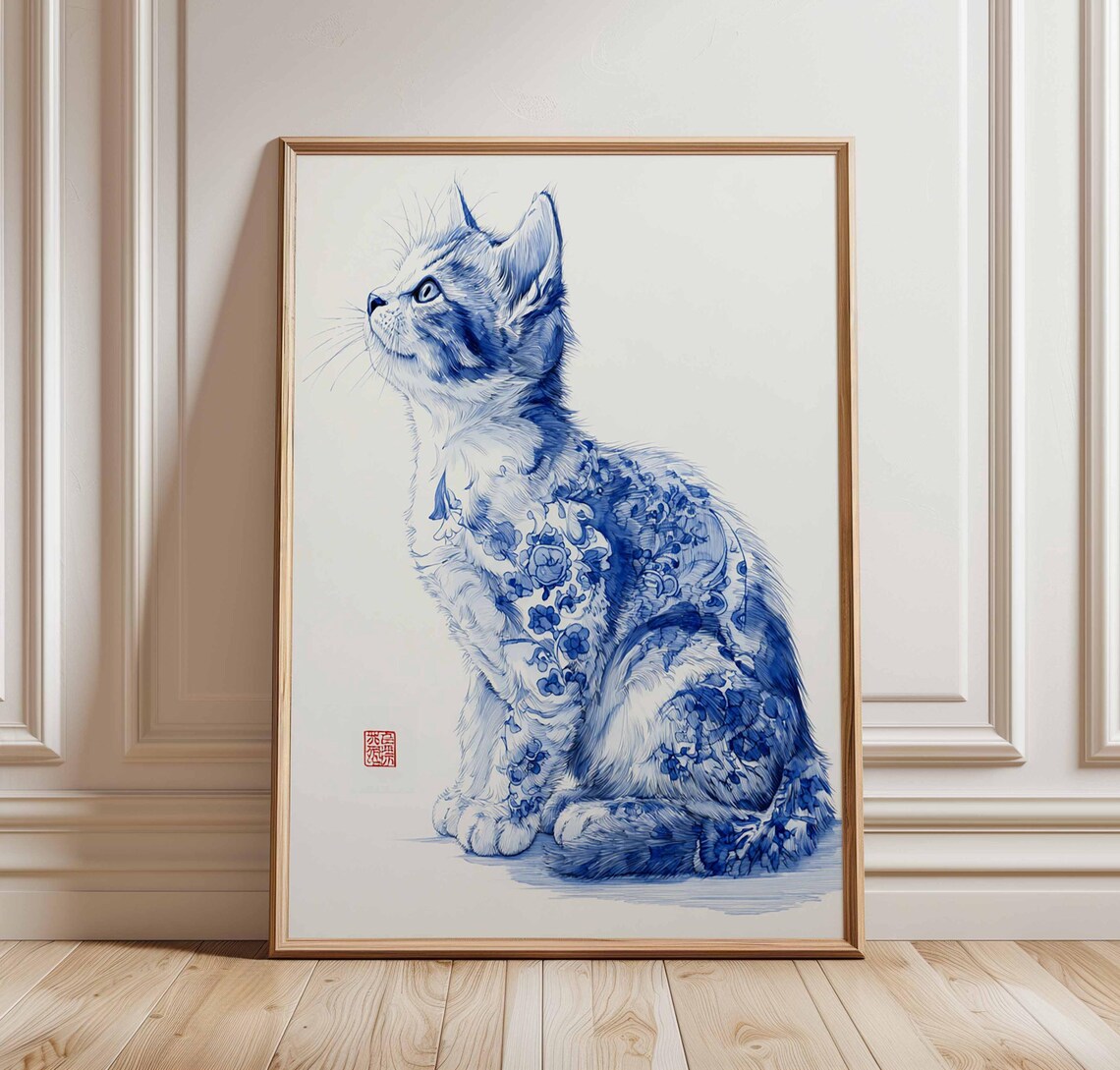 Blue Porcelain Cat Poster Chinese Ink Style Kitten Floral Elegant Decor