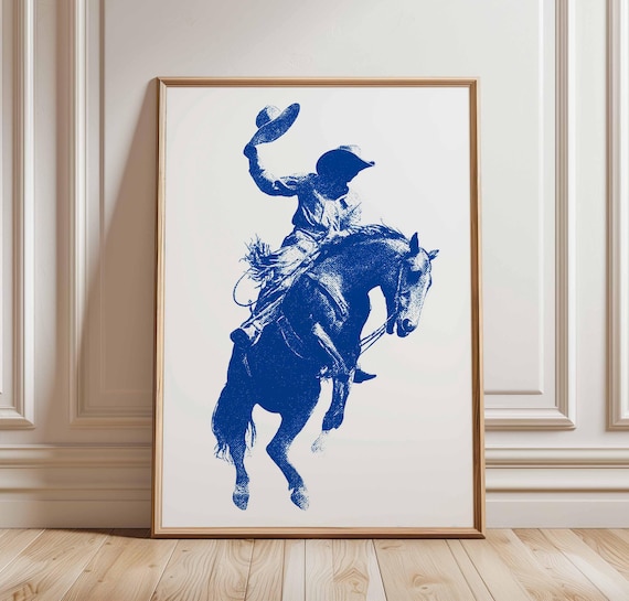 Blue Cowboy Silhouette Western Rodeo Art Print
