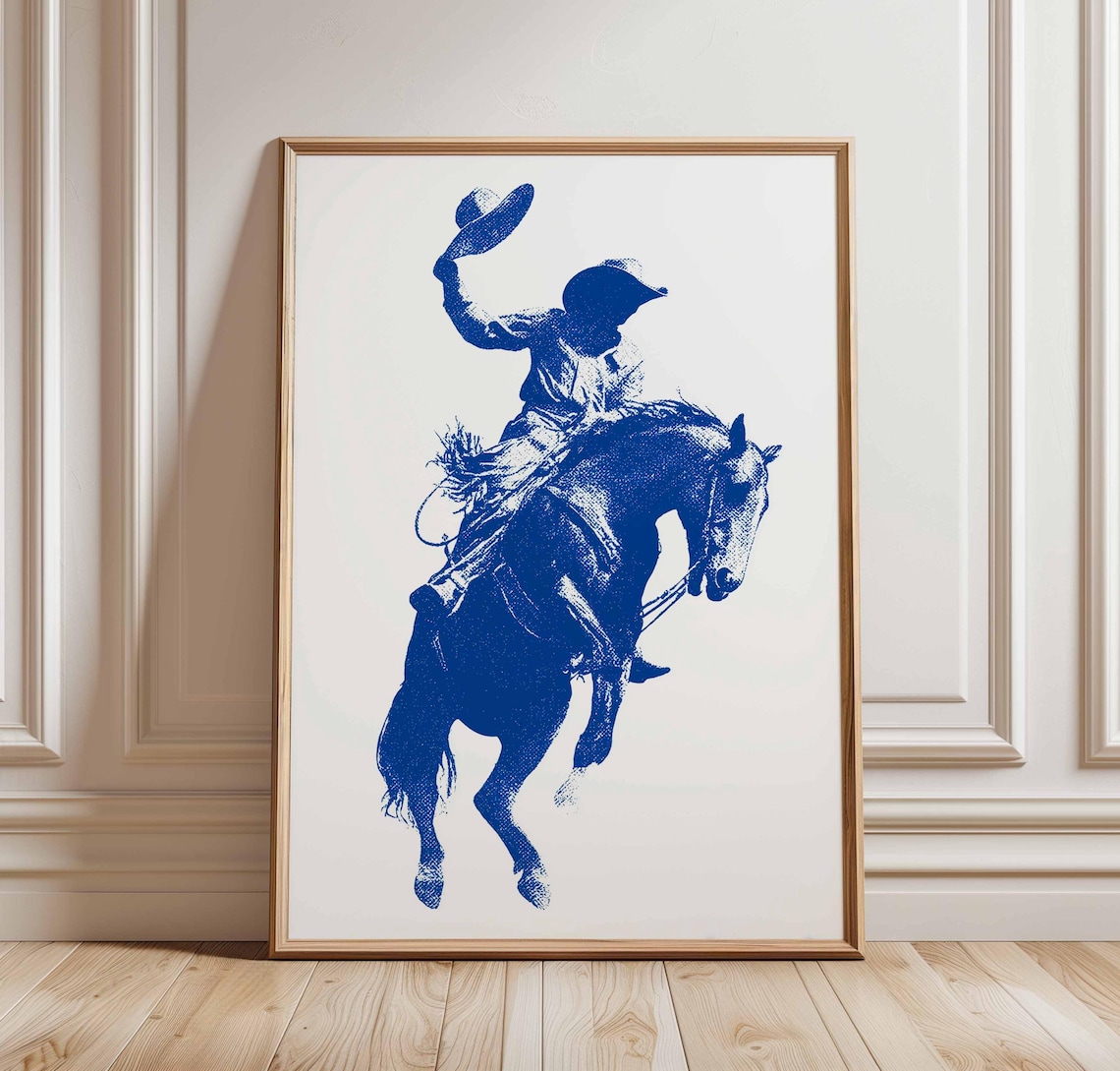 Blue Cowboy Silhouette Western Rodeo Art Print
