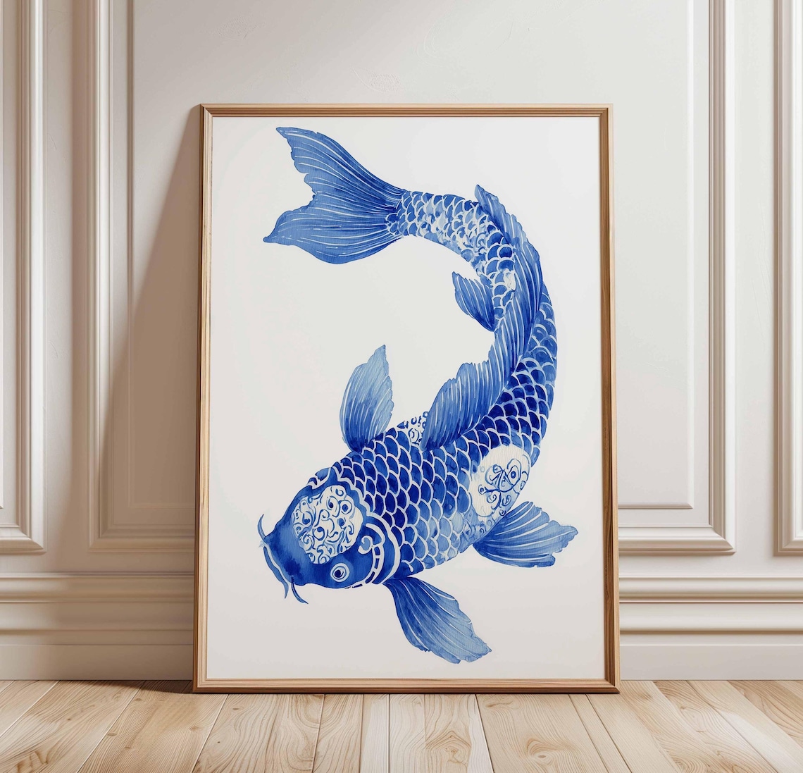Blue White Porcelain Koi Fish Japanese Watercolor Zen Art Poster