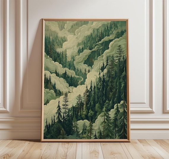 Misty Green Pine Forest Fog Nature Woodland Illustration Art Poster