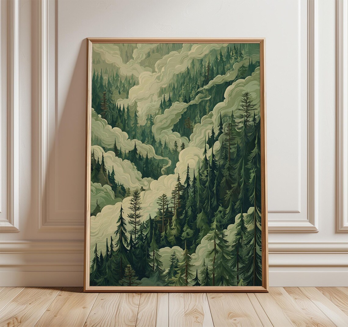 Misty Green Pine Forest Fog Nature Woodland Illustration Art Poster