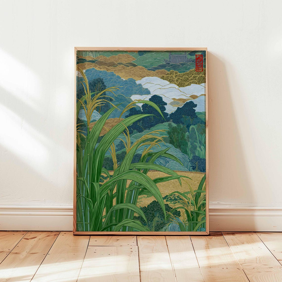 Japanese Rice Field Landscape Traditional Ukiyoe Style Poster