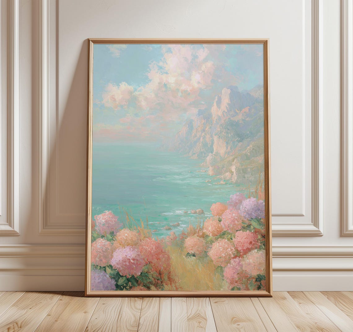 Pastel Ocean Cliffs Wildflowers Impressionist Seascape Art Poster