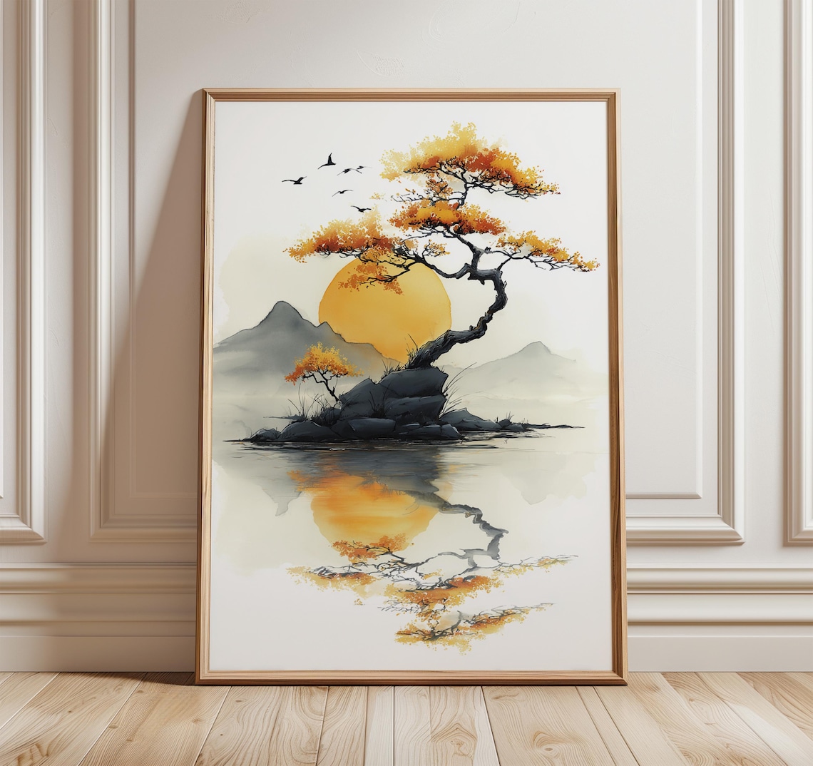 Japanese Tree Poster, Minimalist Watercolor Zen Landscape