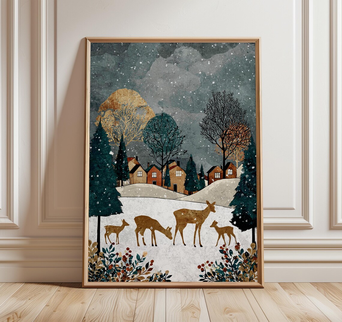 Winter Deer Landscape Poster Print, Rustic Christmas