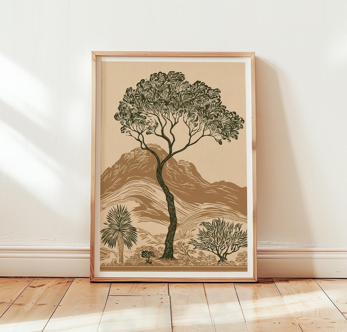 Tree Landscape, Vintage Nature Woodblock Print