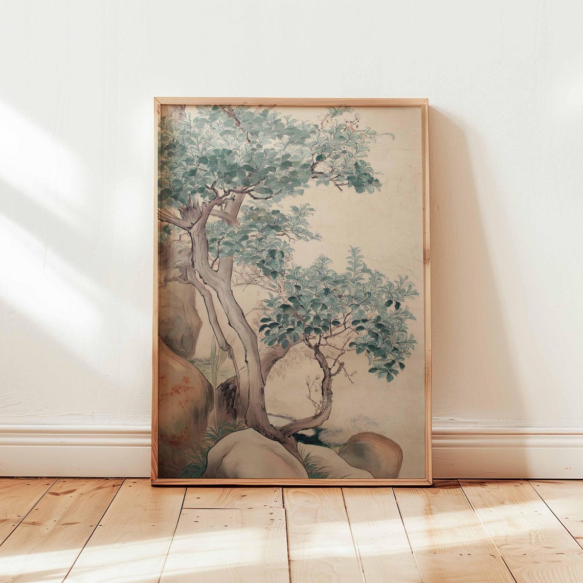 Asian Tree and Rock Traditional Ink Painting Minimalist Zen Poster