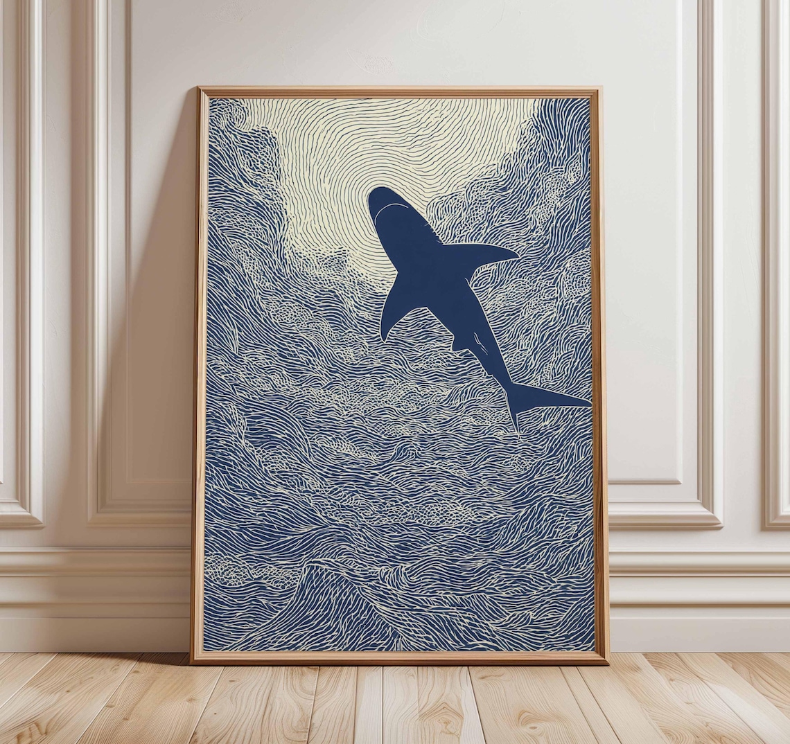 Abstract Linocut Shark Art Print, Nautical Minimalist