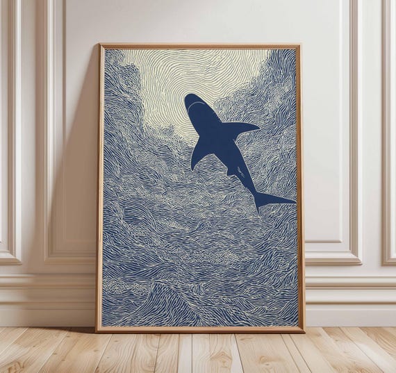 Abstract Linocut Shark Art Print, Nautical Minimalist