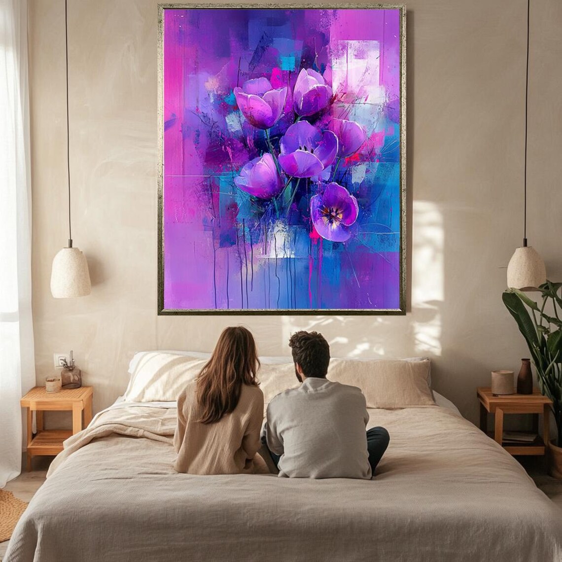 Abstract Purple Tulips Vibrant Floral Painting Modern Bold Wall Art - Image 2