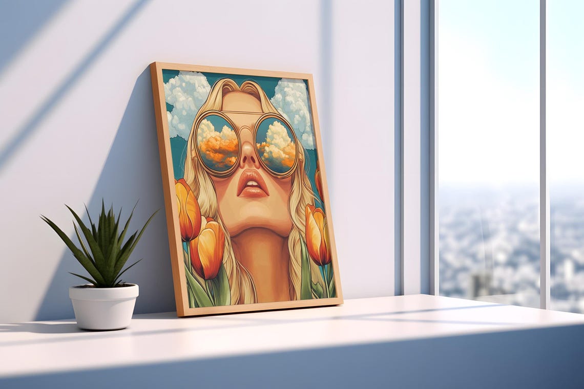 Retro Woman Cloud Sunglasses Orange Tulips Bold Pop Art Print