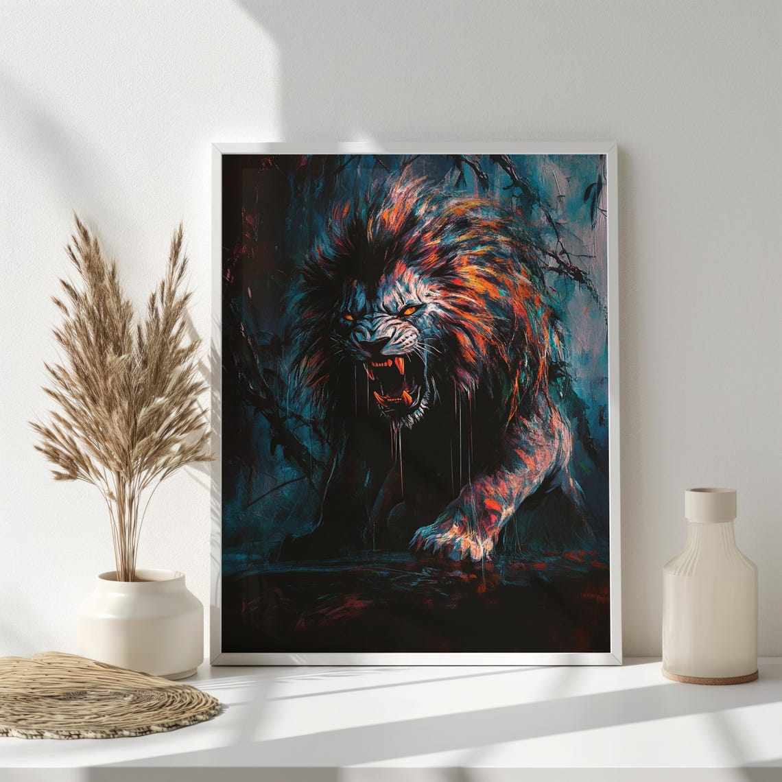 Roaring Lion Dark Jungle Painting Fierce Orange Black Wildlife Poster - Image 3