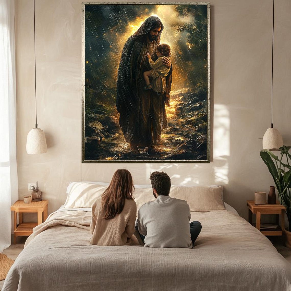 Jesus Protecting Small Child In Rain Golden Divine Light Poster - Image 2