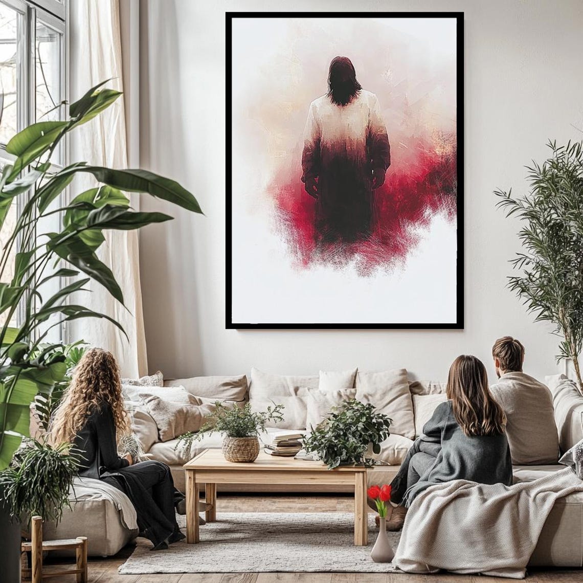 Jesus From Behind Minimalist Red Mist Watercolor Spiritual Art Poster - Image 3