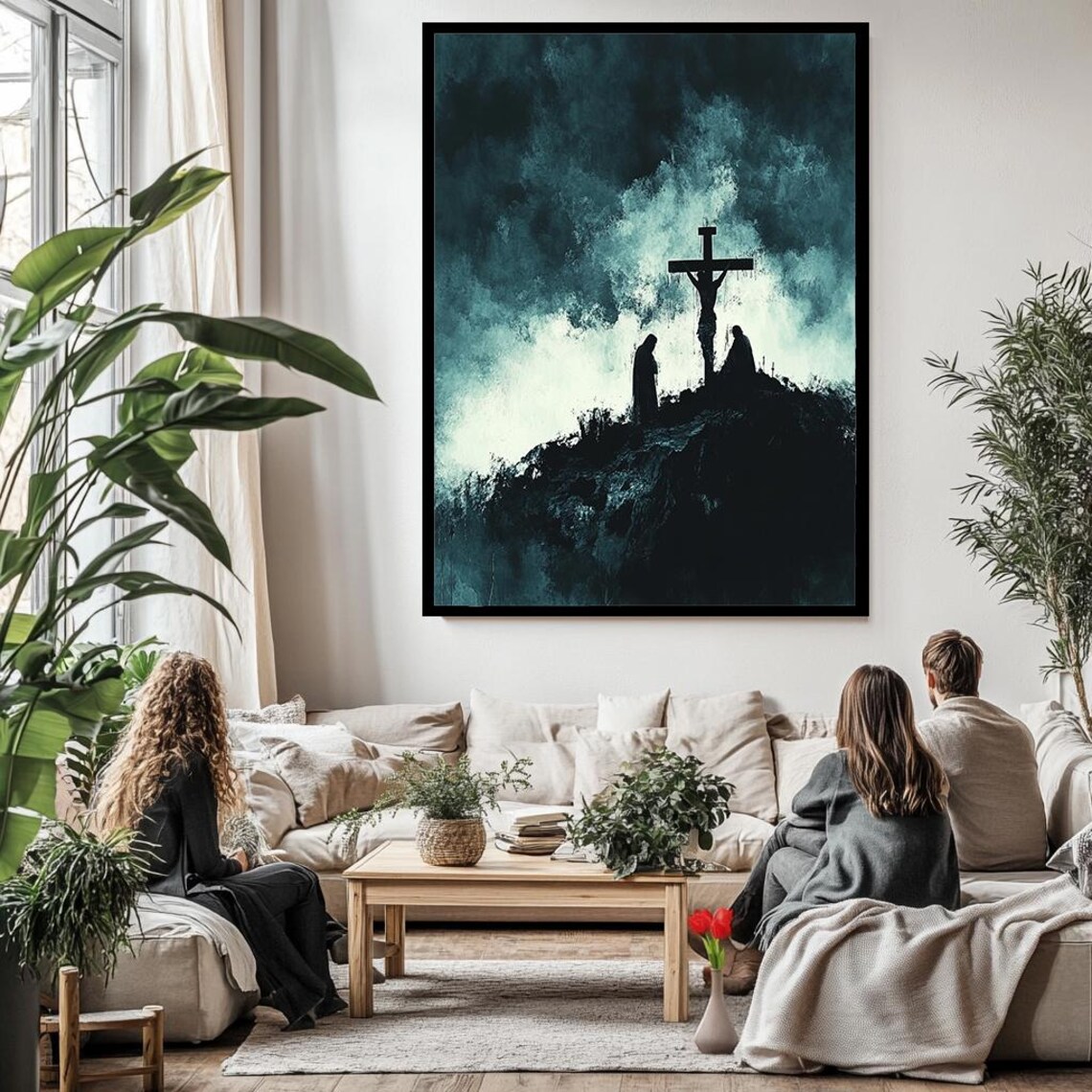 Crucifixion Silhouette Cross Teal Smoke Abstract Spiritual Art Poster - Image 3