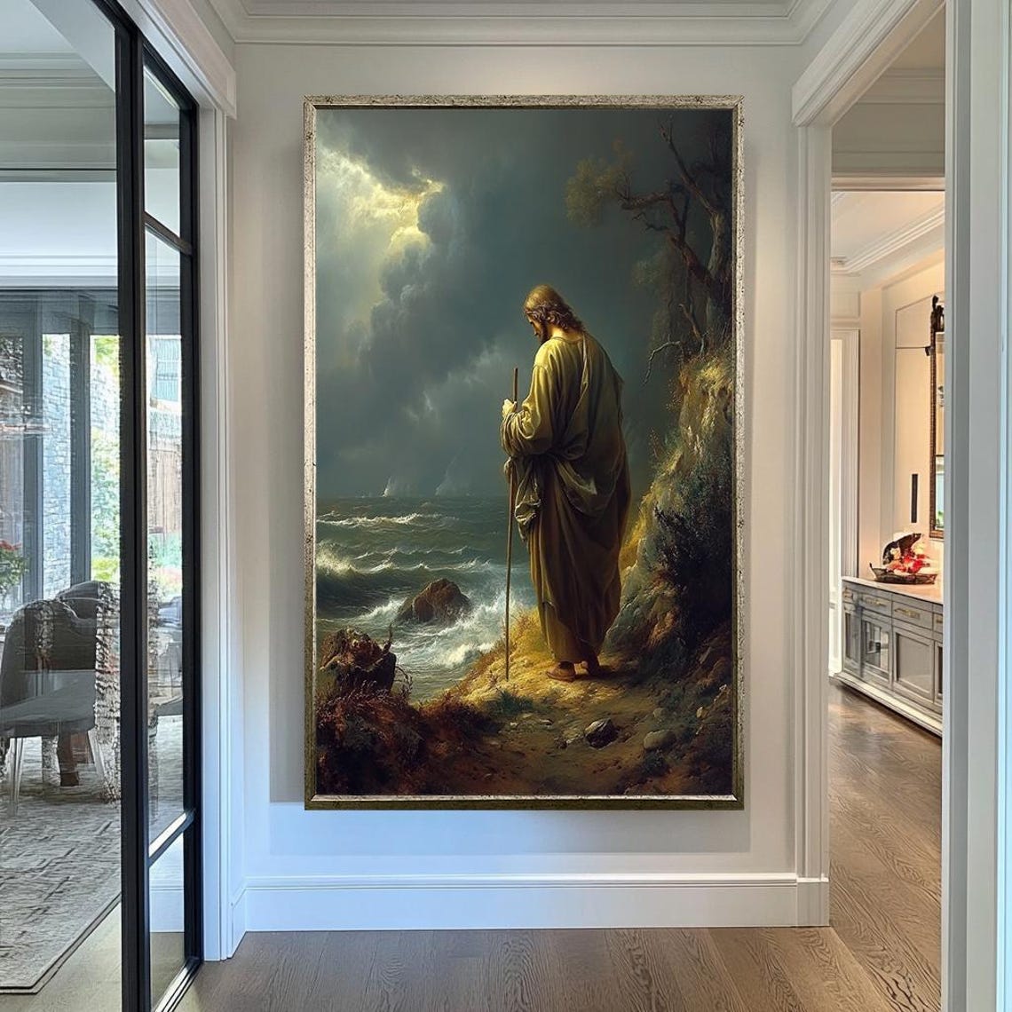 Jesus As Shepherd With Staff On Stormy Rocky Seashore Moody Wall Art - Image 3