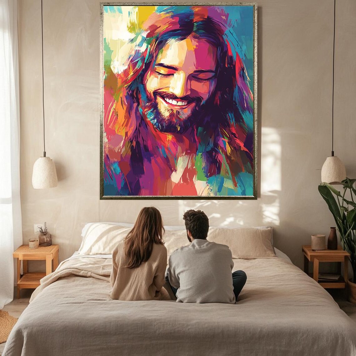 Jesus Christ Colorful Abstract Smiling Portrait Modern Joyful Wall Poster - Image 2