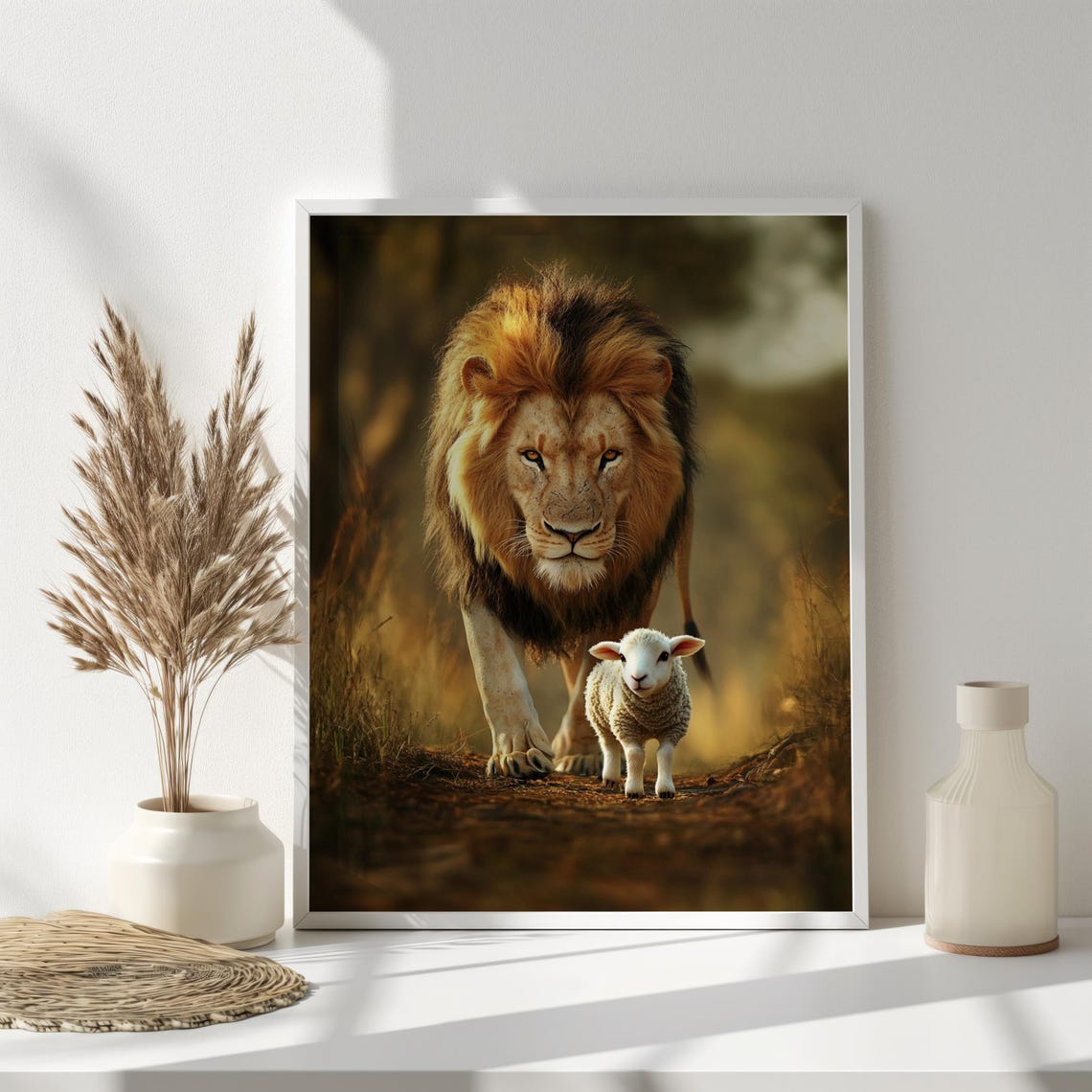 Lion And Lamb Walking Golden Savanna Light Framed Faith Artwork Poster - Image 4